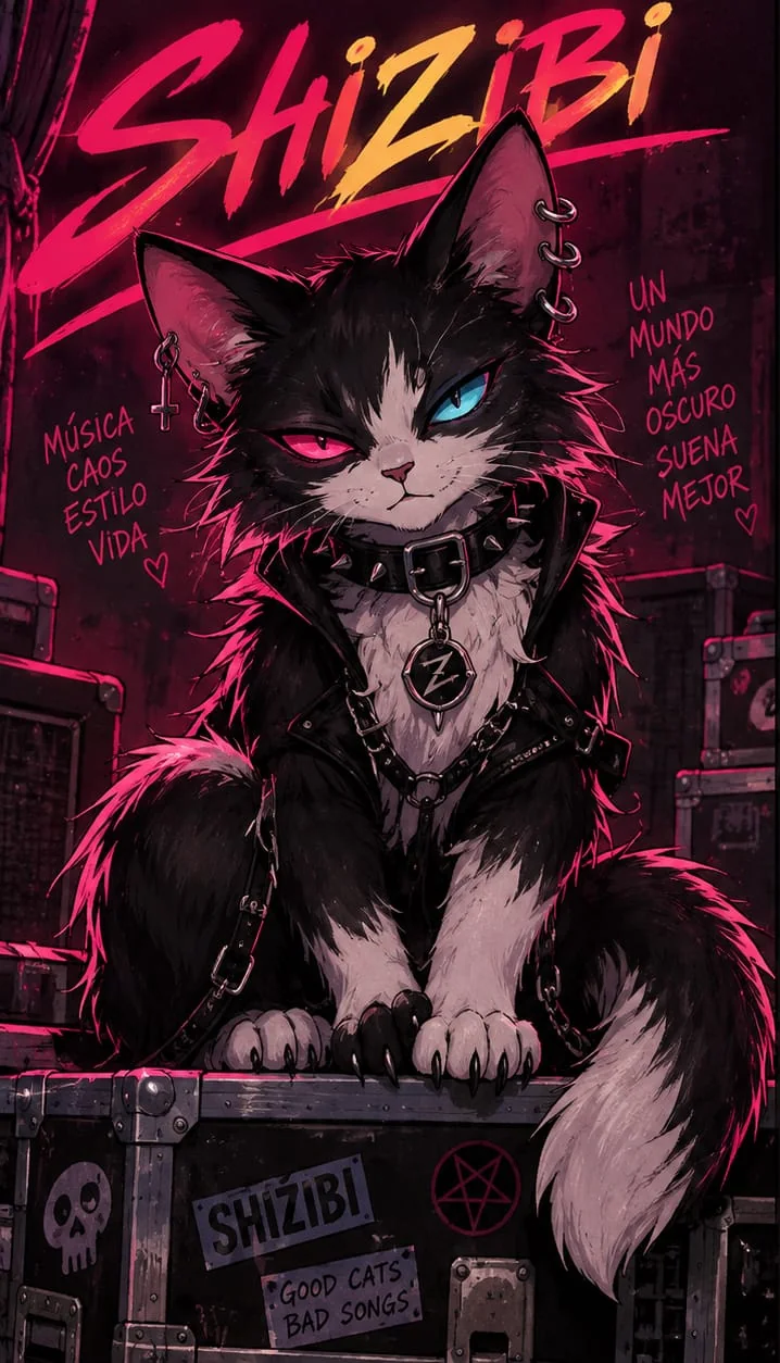 La mascota de Shizibi: un gato negro y blanco con campera de cuero, collar con tachas y un ojo rosa y otro celeste, sentado sobre un case de equipos.